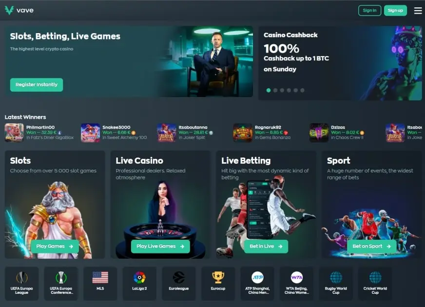 Vave Casino frontpage